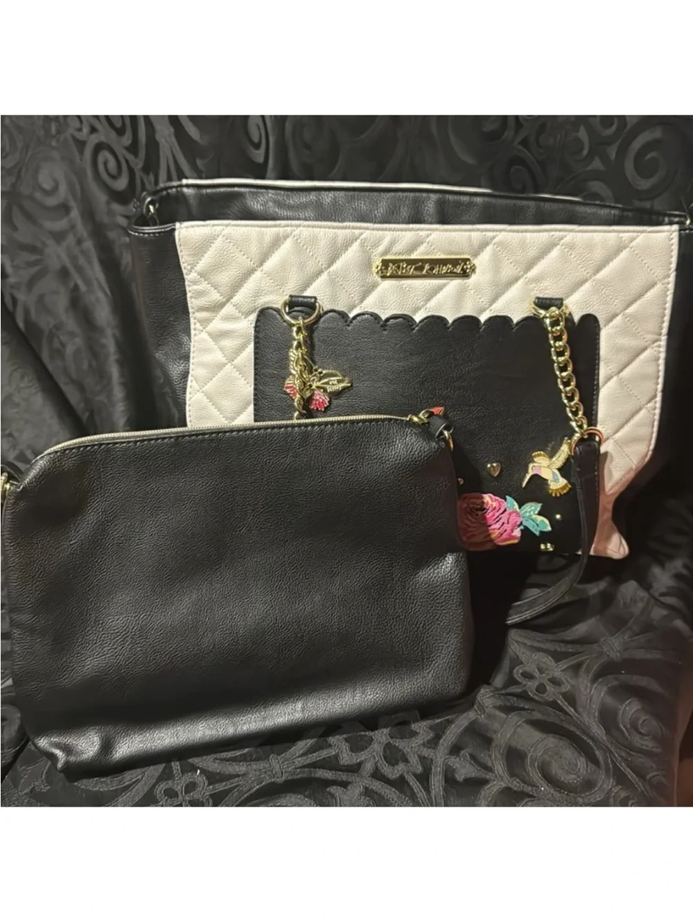Black & White Tote Bag with Floral Embroidery